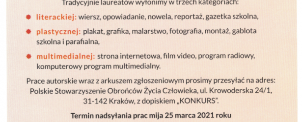 XVII Ogólnopolski Konkurs dla Młodzieży „Pomóż ocalić życie bezbronnemu” o nagrodę im. bł. ks. Jerzego Popiełuszki